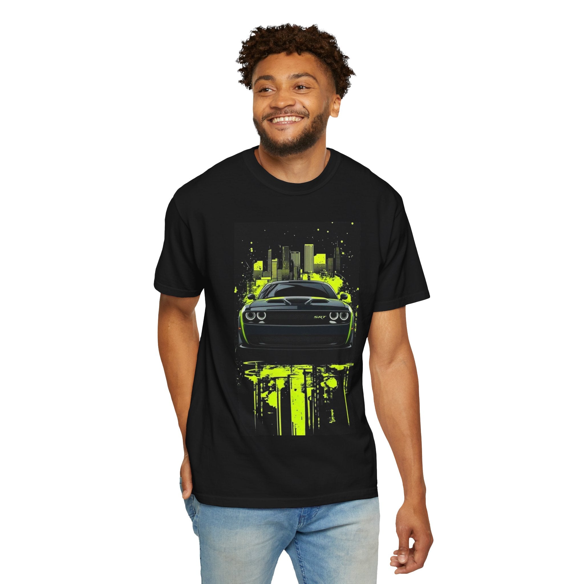 Muscle Car Graphic T-Shirt — Neon City Challenger Front Design | "Wholeness Est 1995" Back