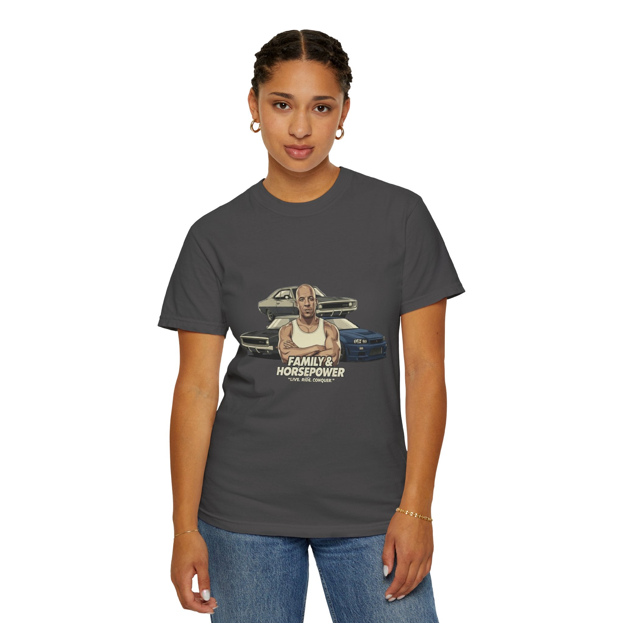 T-Shirt — 'Family & Horsepower' Retro Car Tee (Wholeness Back Print)