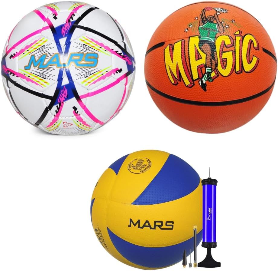 Set of 3 Sports Balls - Mini Sport Pack Includes Football, Volleyball & Basketball with Air Pump & Accessories